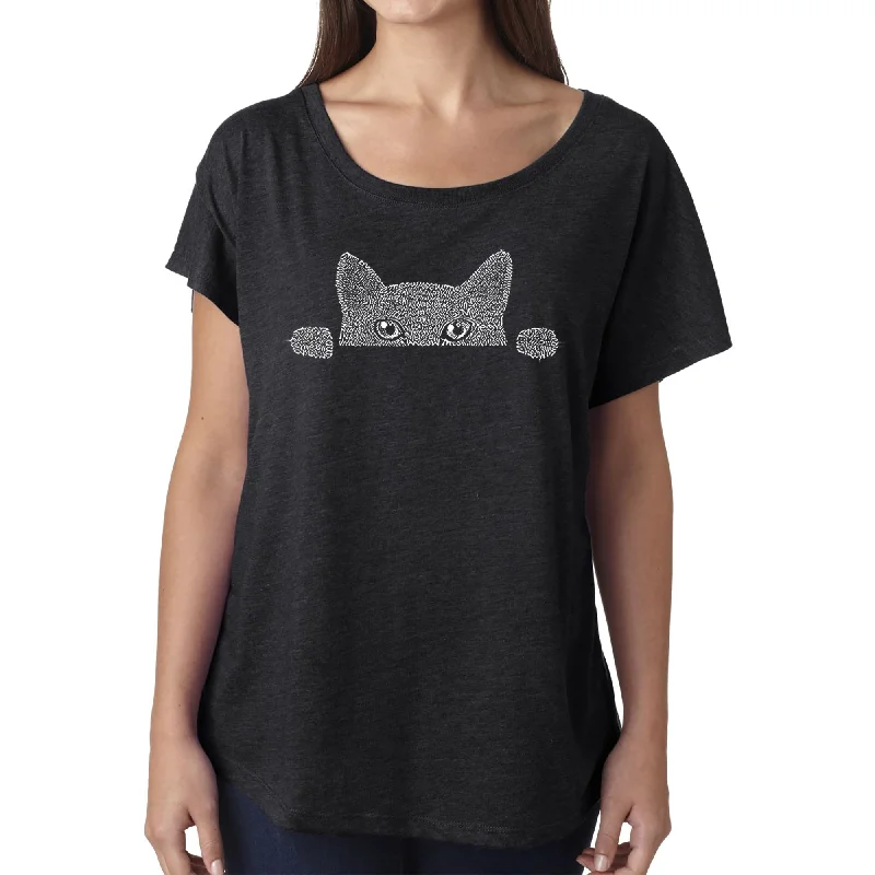 Peeking Cat  - Women's Loose Fit Dolman Cut Word Art Shirt Wool Fabric Cashmere Fabric Tweed Fabric