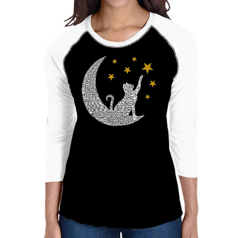 Cat Moon - Women's Raglan Word Art T-Shirt Front Pockets Side Pockets Patch Pockets