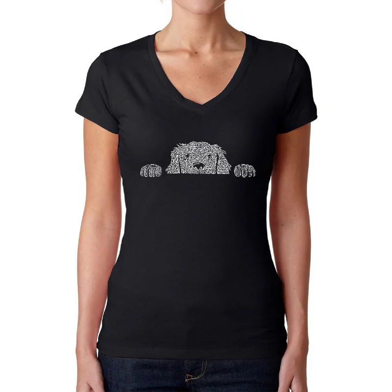 Peeking Dog  - Women's Word Art V-Neck T-Shirt Mesh Canvas Denim