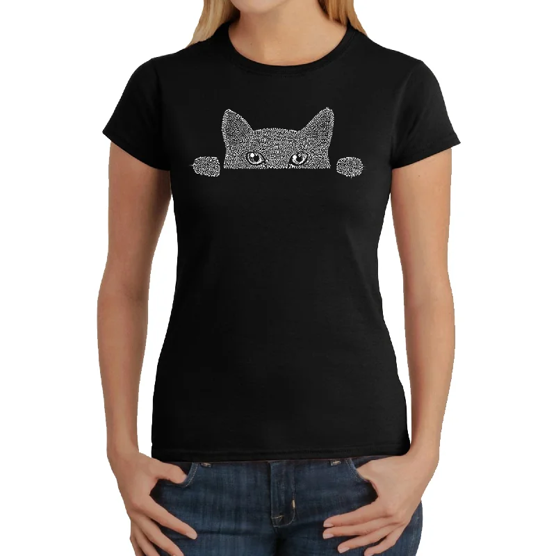 Peeking Cat  - Women's Word Art T-Shirt Mesh Fabric Canvas Fabric Denim Fabric