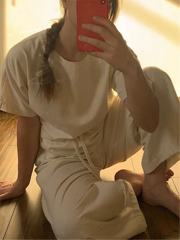 Simple Comfortable Casual Loose Short-Sleeved Shirt Pants Suit Satin Blend Silk Blend Wool Blend