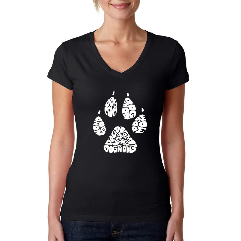 Dog Mom  - Women's Word Art V-Neck T-Shirt Collared Crew Neck Turtle Neck