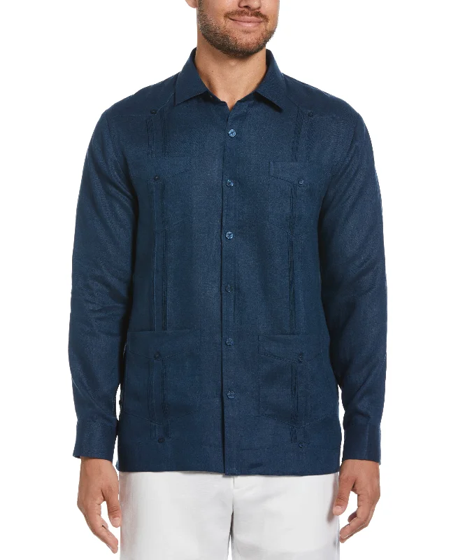 100% Linen Classic Guayabera Shirt - Long Sleeve - Titan Blue Rayon Velvet Corduroy