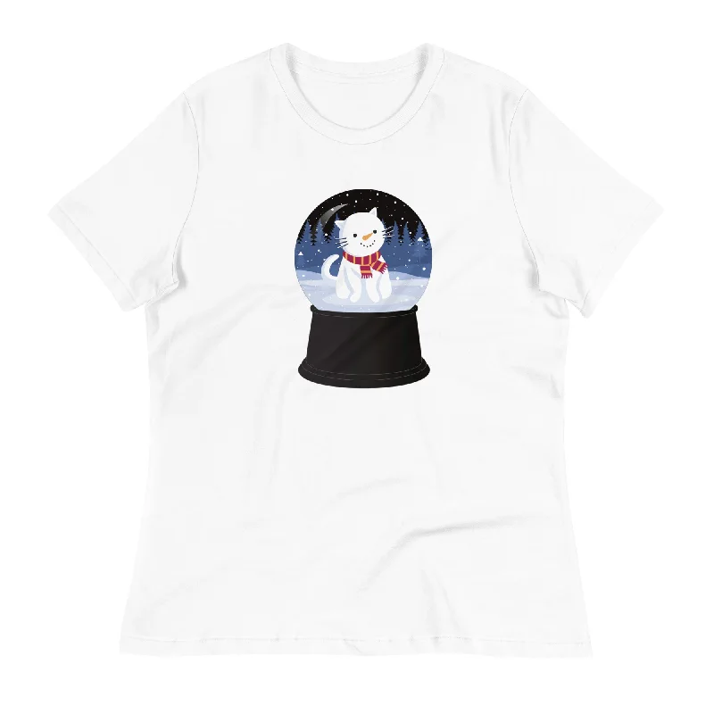 Snowman Kitty Snow Globe Women's Relaxed T-Shirt Denim Fabric Leather Fabric Suede Fabric