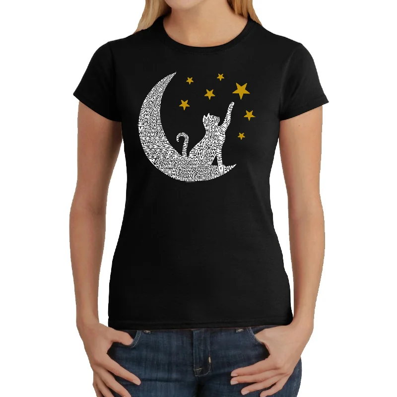 Cat Moon - Women's Word Art T-Shirt Ribbed T-Shirt High Neck Heavyweight