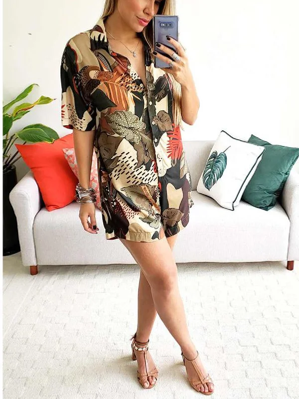 Casual Printed Shirt Short Sleeve Jumpsuit Layered Multi-layer Single Layer