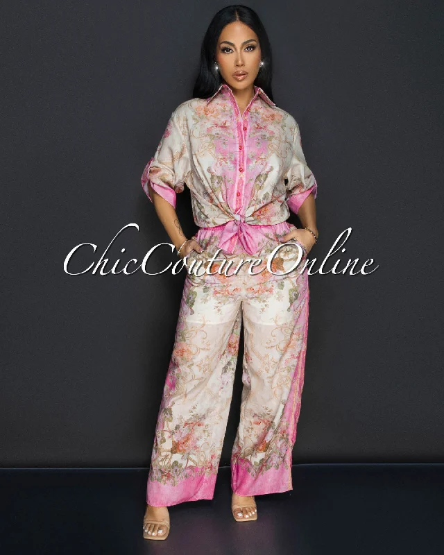 Lovena Pink Floral Collared Shirt & Wide Capri Pants Set Beaded Sequined Faux Fur