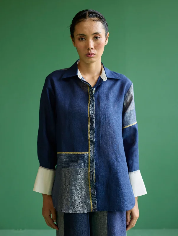 Yang Color-Blocked Metallic Linen Shirt - Navy Anti-Shrink Durable Soft