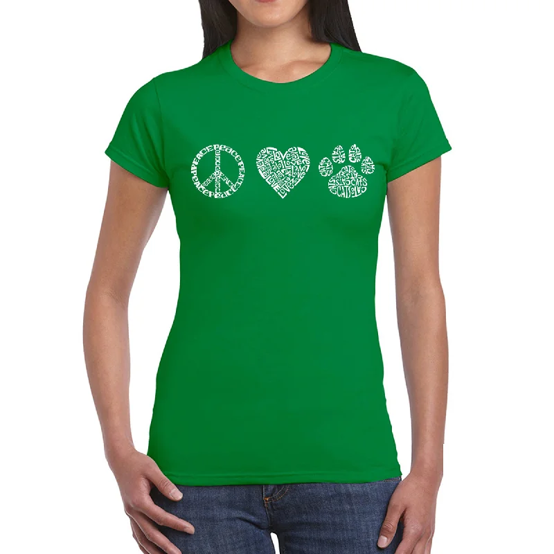 Peace Love Cats  - Women's Word Art T-Shirt Embroidered Appliqued Beaded