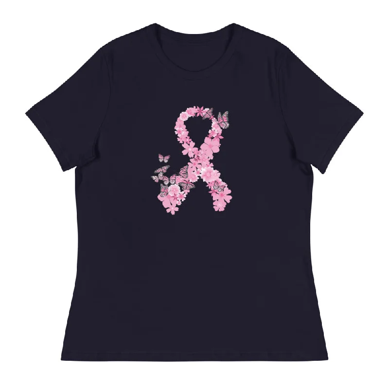 Pink Ribbon Butterflies Take Flight Women's Relaxed T-Shirt Zippered Front Buttoned Front Snap Front