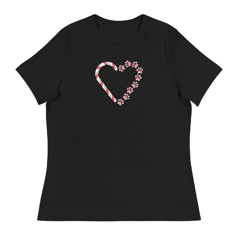 Candy Cane Heart Women's Relaxed T-Shirt Zippered Front Buttoned Front Snap Front