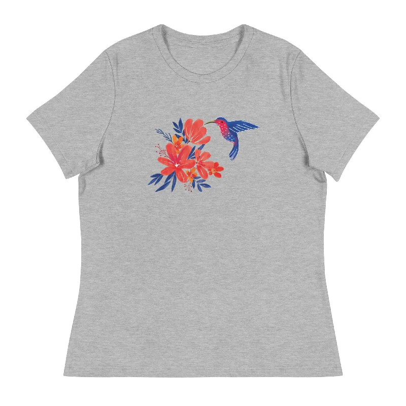 Hummingbird & Flowers Women's Relaxed T-Shirt Embroidered Appliqued Beaded