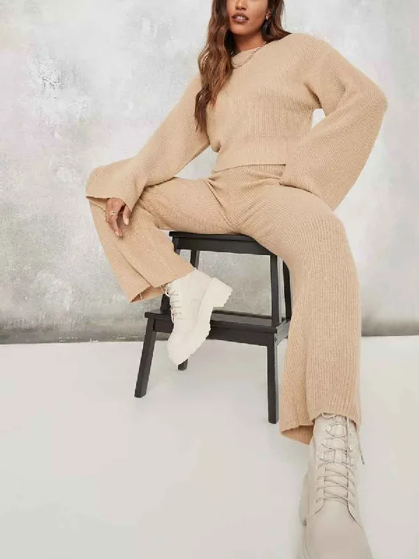 Pure Color Wide Sleeve Knitted Sweater Two-piece Fitted Loose Oversized
