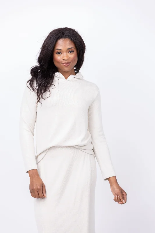 Vince Cozy Long Sleeve Hoodie in Ceramic Hoodie with Hem Elastic Stretchable Comfortable