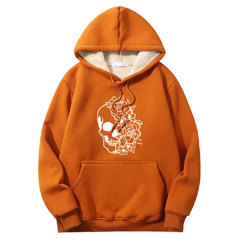 Half Face Skeleton Flower Crew Collar Fleece Sherpa Hoodie Hoodie with Hem Applique Textured Unique