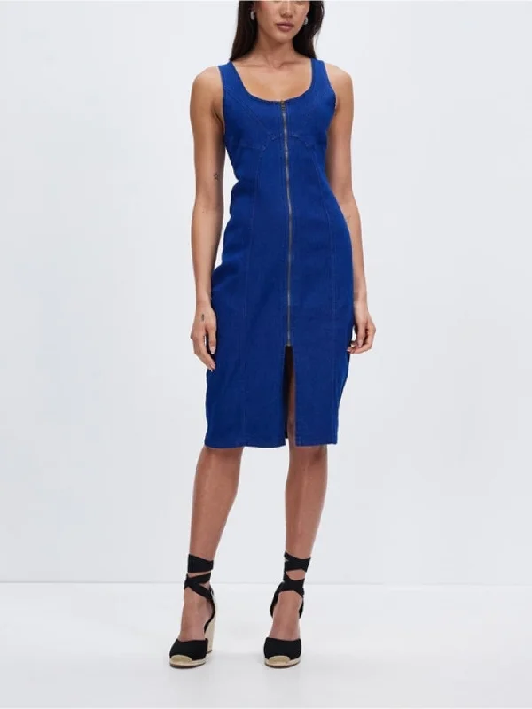 Women's Strap Zip Up Backless Sleeveless Bodycon Dark Blue Dress by Kaja Clothing - Kris Dress
