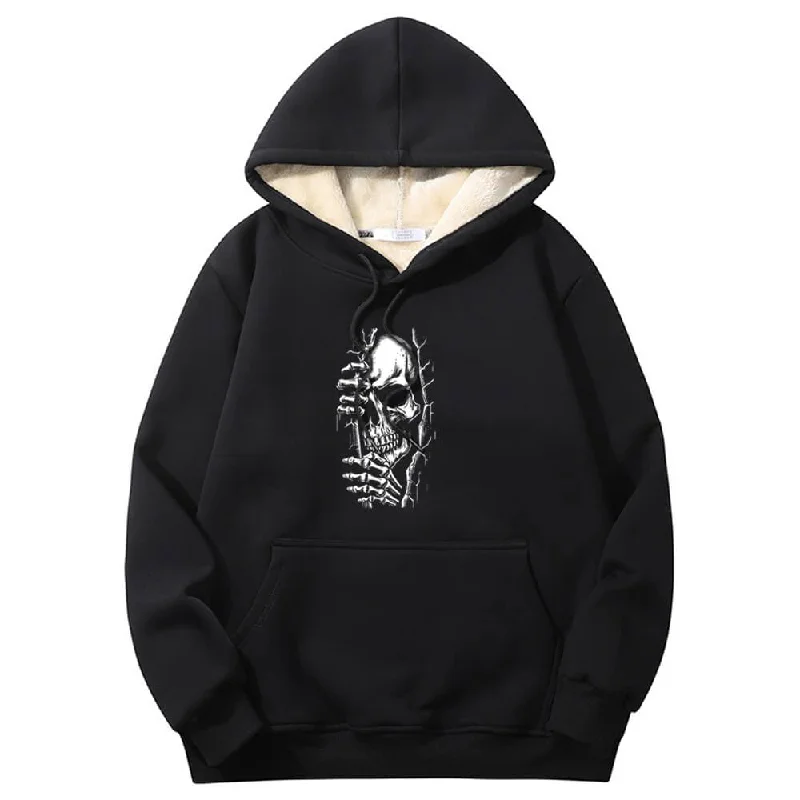 Multicolor Peeking Skull Crew Collar Fleece Sherpa Hoodie Hoodie with High-Low Hem Asymmetrical Trendy