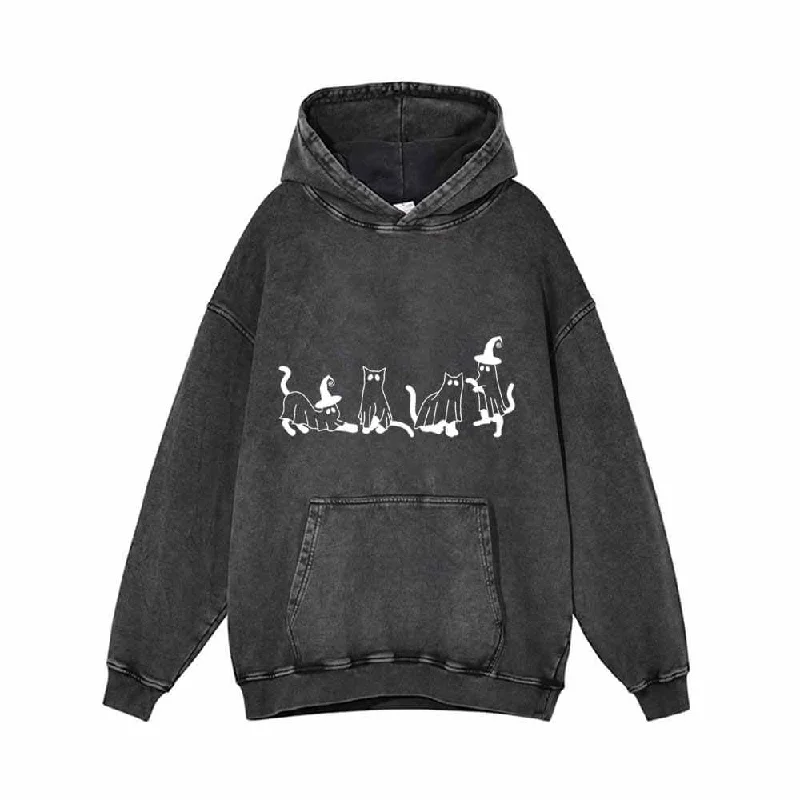 Spooky Ghost Cat Vintage Washed Hoodie Hoodie with Button Placket Classic Preppy