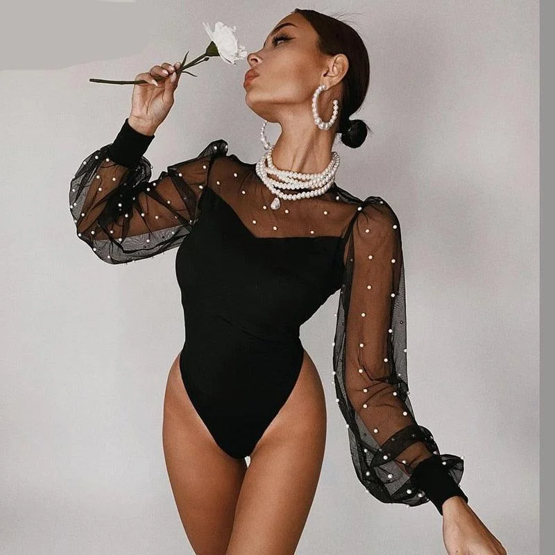 Voguable Mesh Pearl Patchwork Long Puff Sleeve Sexy Bodysuit Winter Women Fashion Streetwear Party Elegant Lady Romper Elegant Bodysuit with Belted Waist