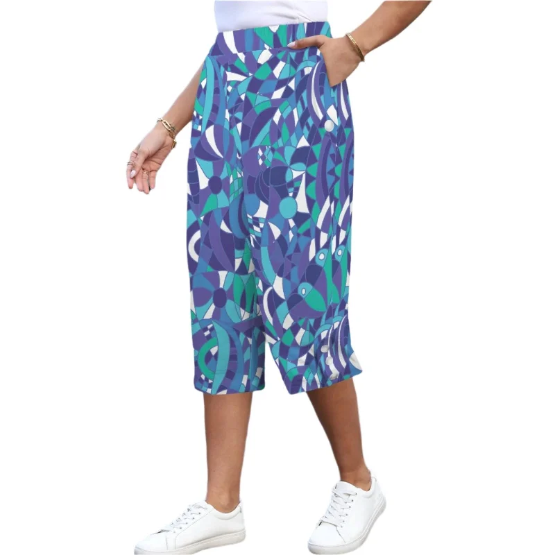 Kume Button Trim Capri Pants Elegant Silk Pants