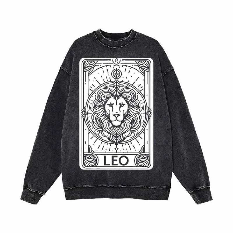 Leo Tarot Card Horoscope Vintage Washed Sweatshirt Hoodie with Raw Hem Edgy Unfinished
