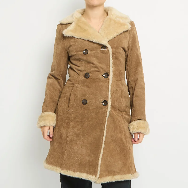 Fur Lined Suede Afghan Jacket- UK 12 Boat Neck Shawl Collar Notched Collar