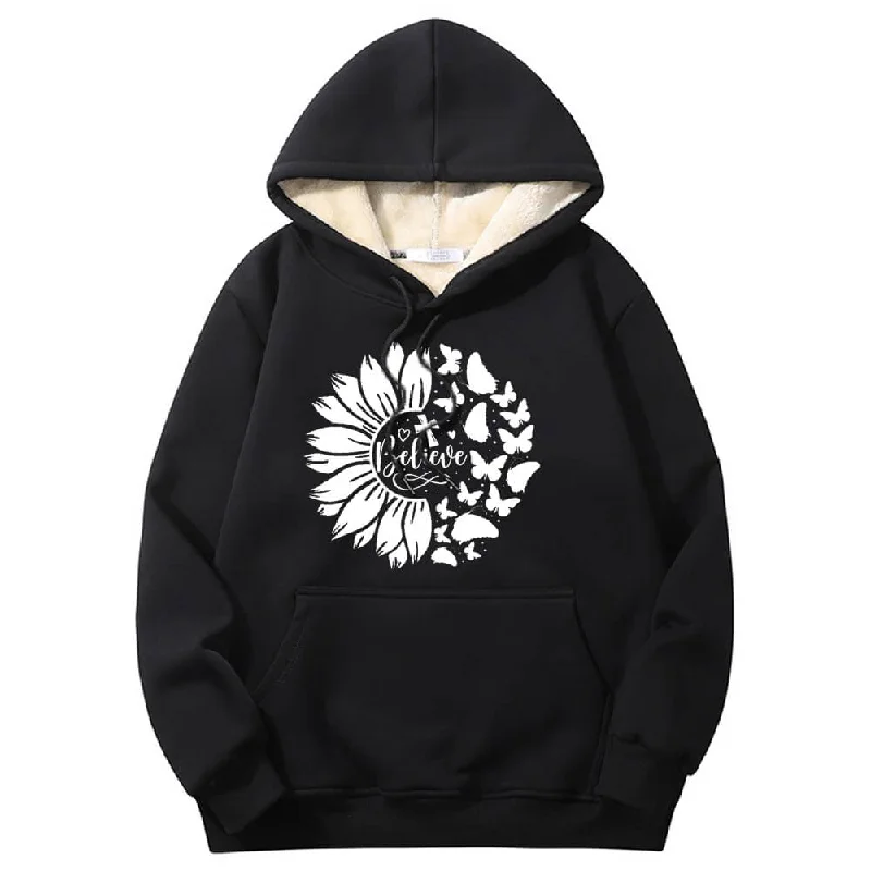 Flower Butterfly Believe Cross Crew Collar Fleece Sherpa Hoodie Hoodie with Front Slit Layering Stylish