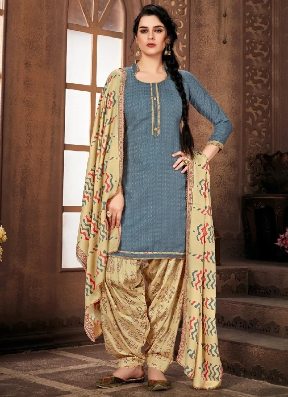 Grey Pure Pashmina Jacquard Patiyala Dress Crew Neckline Sporty