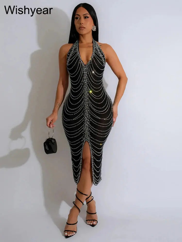 FZ Women's Diamonds Halter Sleeveless Backless Front Split Dress
