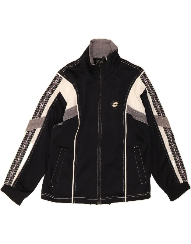 LOTTO Womens Graphic Tracksuit Top Jacket UK 6 XS Black Colourblock Boat Neck Shawl Collar Notched Collar