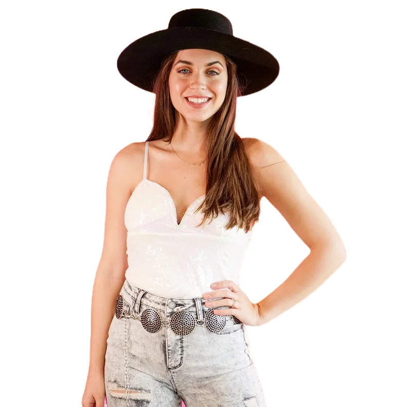 Lucky & Blessed Ladies Sequin Spaghetti Strap White Bodysuit TO137-WHT Stylish Bodysuit with Faux Fur
