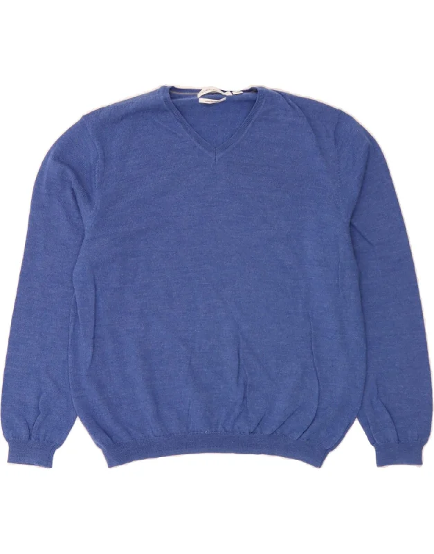 CALVIN KLEIN Womens V-Neck Jumper Sweater UK 16 Large Blue Merino Wool Front Pockets Side Pockets Patch Pockets