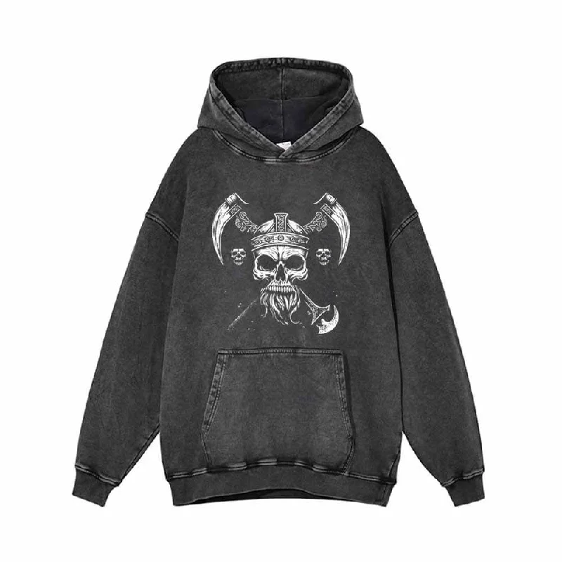 Viking Double Axe Skull Vintage Washed Hoodie Hoodie with Gradient Ombre Colorful