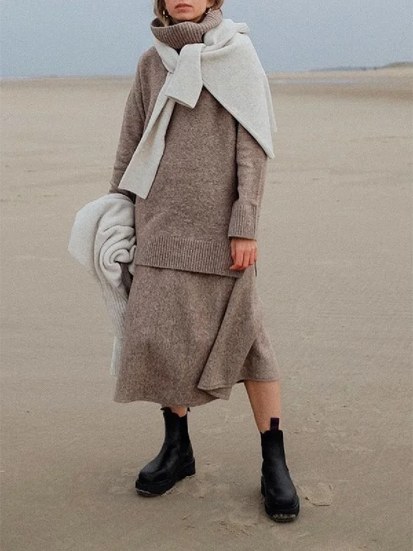 Fashion Turtleneck Sweater Skirt Knit Two Piece Set Glossy Satin Silk