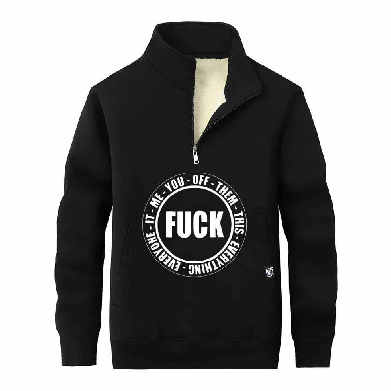 Fuck Circle Letter Print Zip Fleece Sherpa Sweatshirt Hoodie with Patch Decorative Personalized