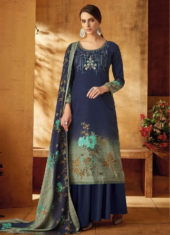 Navy Blue Pure Pashmina Jacquard Palazzo Dress Tunics Long Elegant