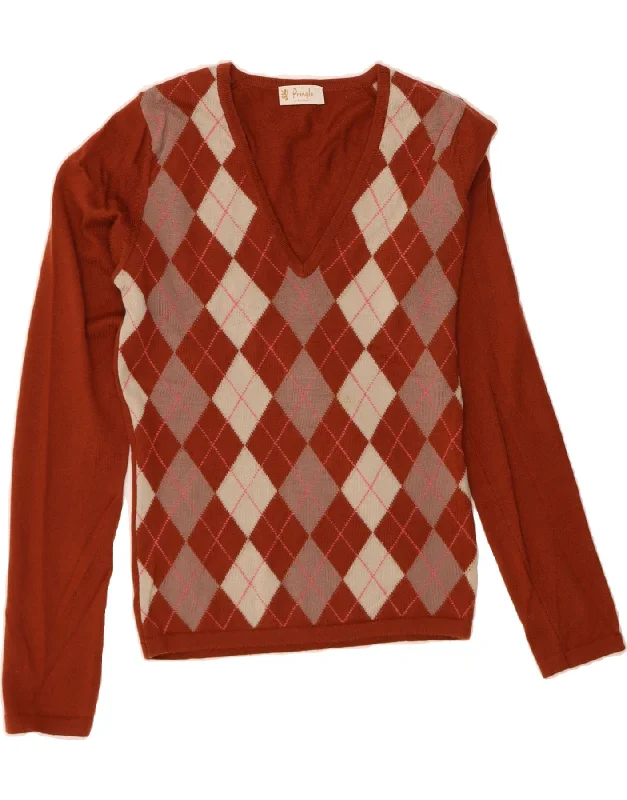 PRINGLE Womens V-Neck Jumper Sweater UK 10 Small Brown Argyle/Diamond Houndstooth Herringbone Solid