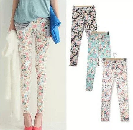 Women Summer Capris M L Plus Size 6 Color ,Young Girl Slim Floral Pants Printed Flower Skinny Straight Pencil Pants Chic Wool Trousers
