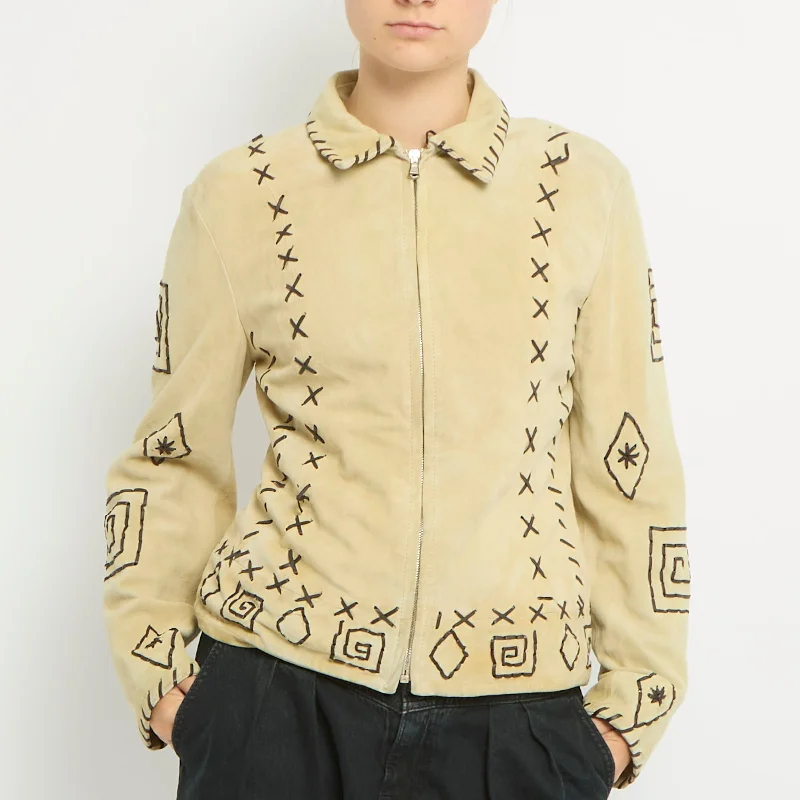 Suede Stitch Detail Jacket- UK 10 Zippered Jacket Buttoned Jacket Snapped Jacket