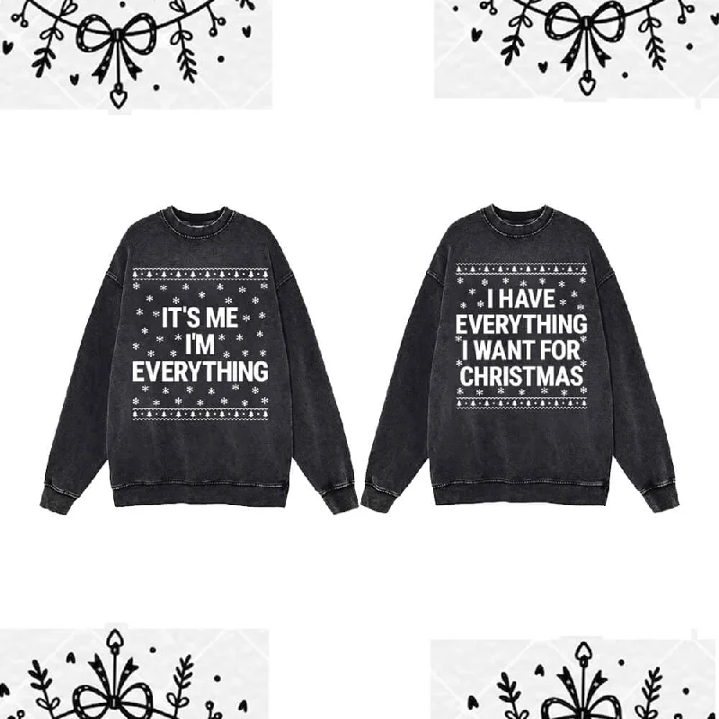 I Have Everything Letters Vintage Washed Couple Sweatshirt Hoodie with Hem Detail Decorative Unique