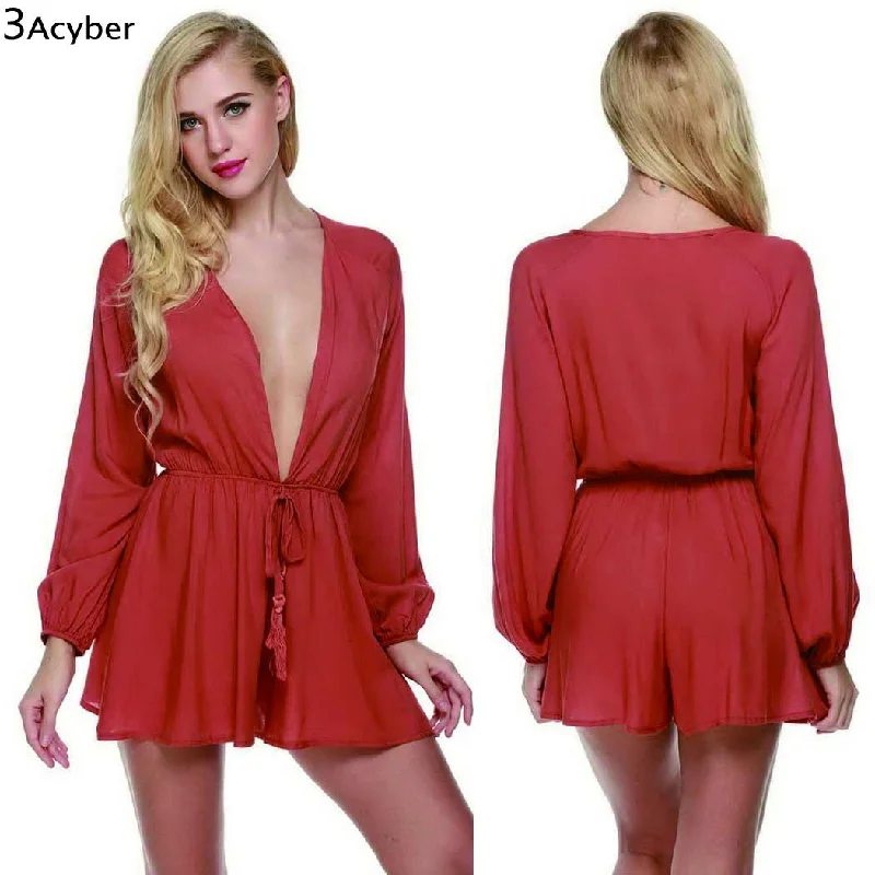 2016 Sexy Deep V-Neck Rompers Women Summer Flare Fit Short Mono Jumpsuit Elastic Waist Playsuit Long Sleeve Overalls Bodysuit u2 Fashionable Turtleneck Bodysuit