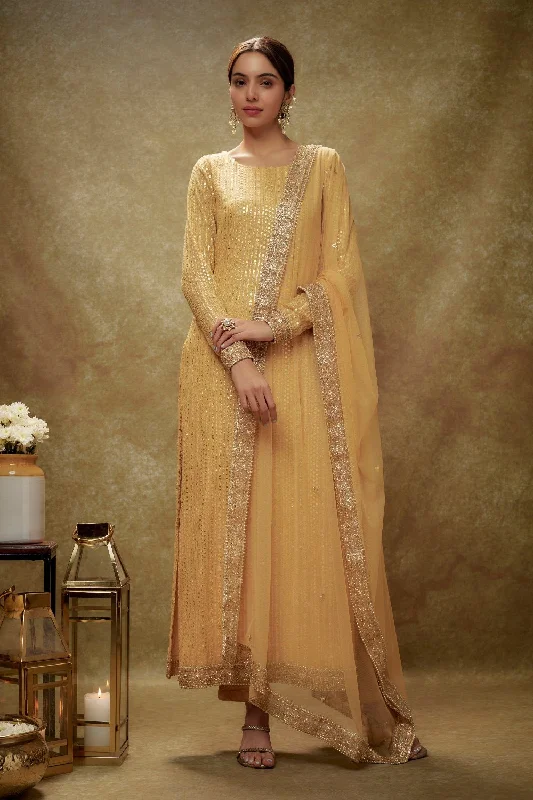 Champagne Gold Sequin Kurta Pants Set Formal Stretch Pants