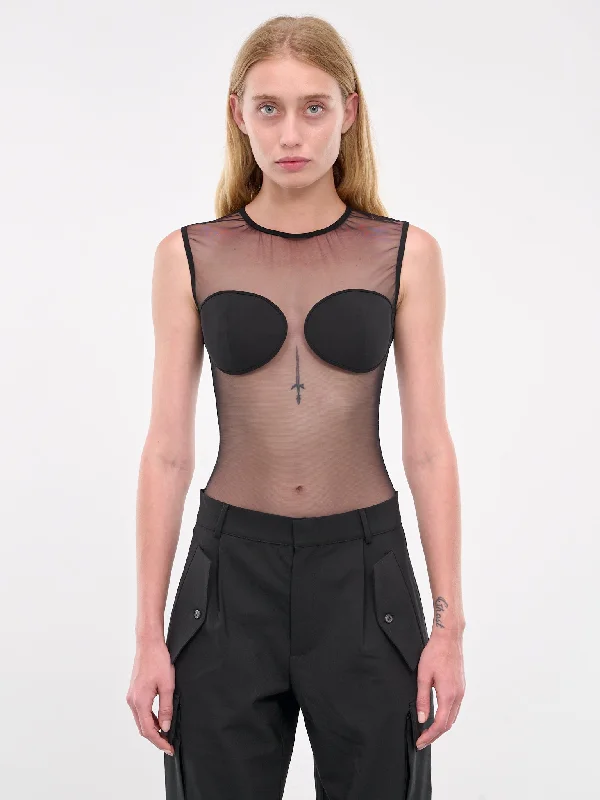 Sheer Bodysuit & Padded Bra (TOP079-BLACK) Elegant Bodysuit with Bow Detail