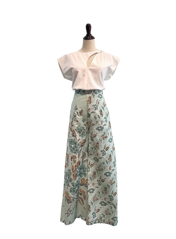 Sage Green Batik Flare Pants Elegant Palazzo Trousers