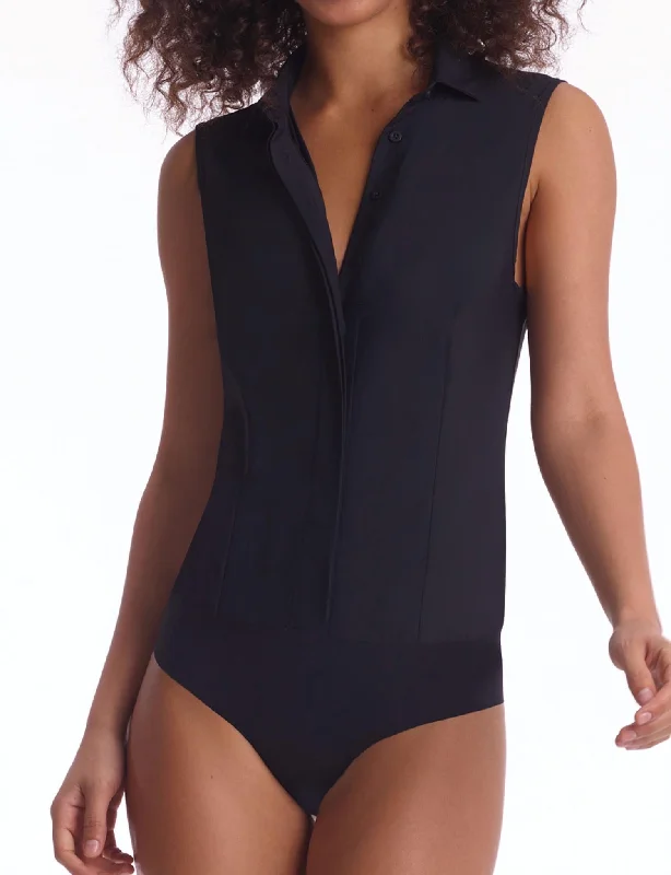 Sleeveless Classic Button Down Bodysuit In Black Trendy Mesh Bodysuit