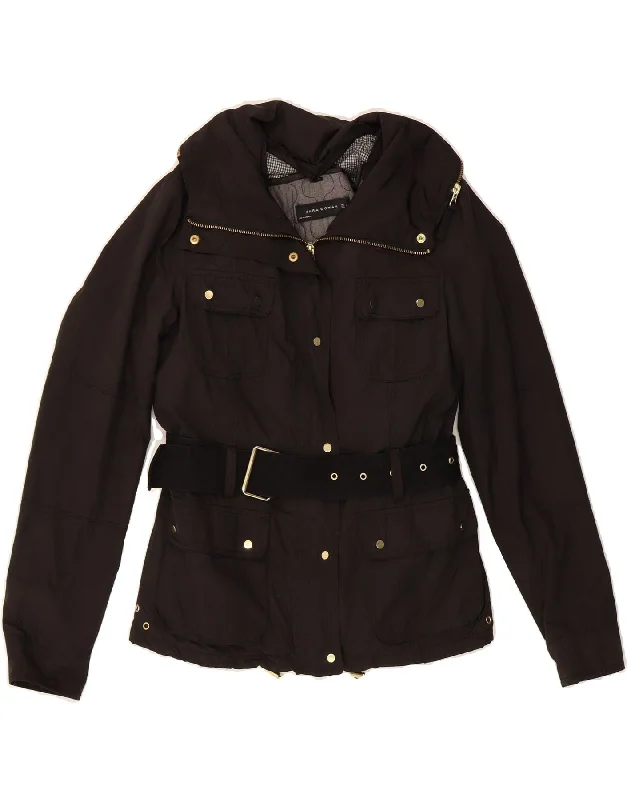 ZARA Womens Utility Jacket UK 10 Small Black Cotton Zippered Front Buttoned Front Snap Front