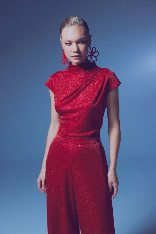 Glittery Mock Collar Bodysuit - Red Elegant Bodysuit with Belt