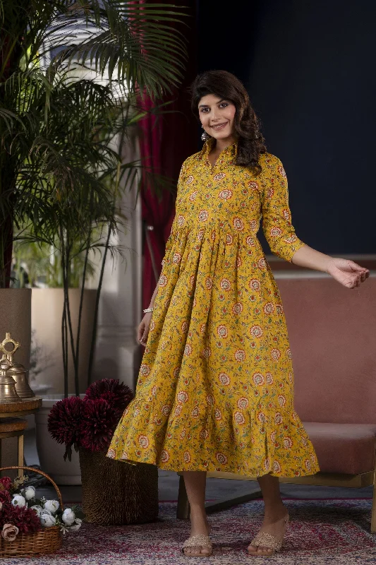 Women Yellow Floral Printed Flared Dress - Rasiya