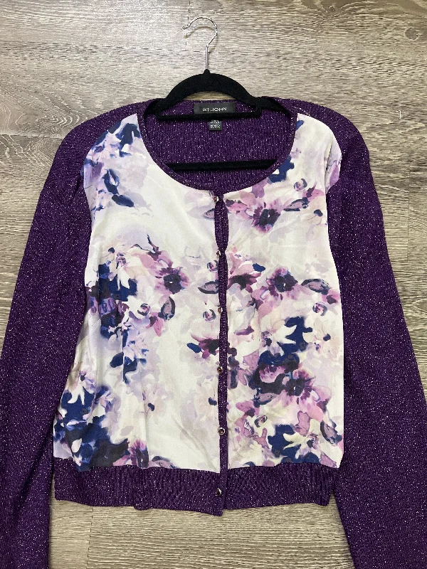 St John Silk Flower Sparkle Wool Sweater (Size XL) Mesh Blend Leather Blend Suede Blend