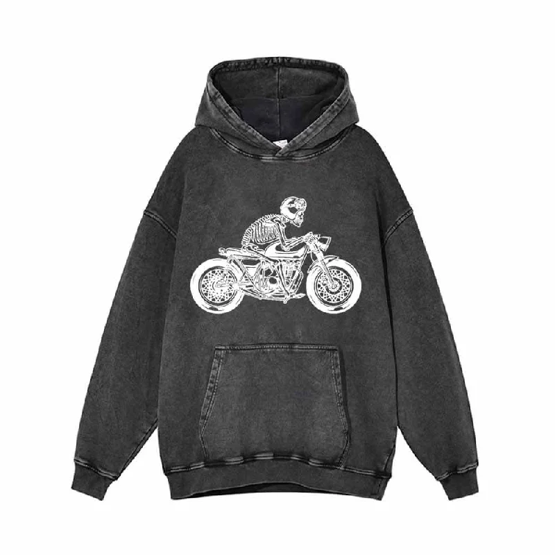 Skeleton Riding Motorcycle Print Vintage Washed Hoodie Hoodie with Magnetic Closure Innovative Modern